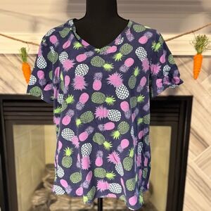 Fresh Produce Pineapple‎ Print V-Neck Short Sleeve T-Shirt Top XL
